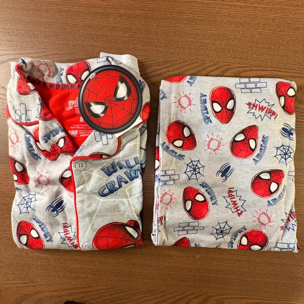 Marvel Spider-Man Boys Pajama Set Coat Style Sz 8 Wall Crawler Fleece Sleepwear‎